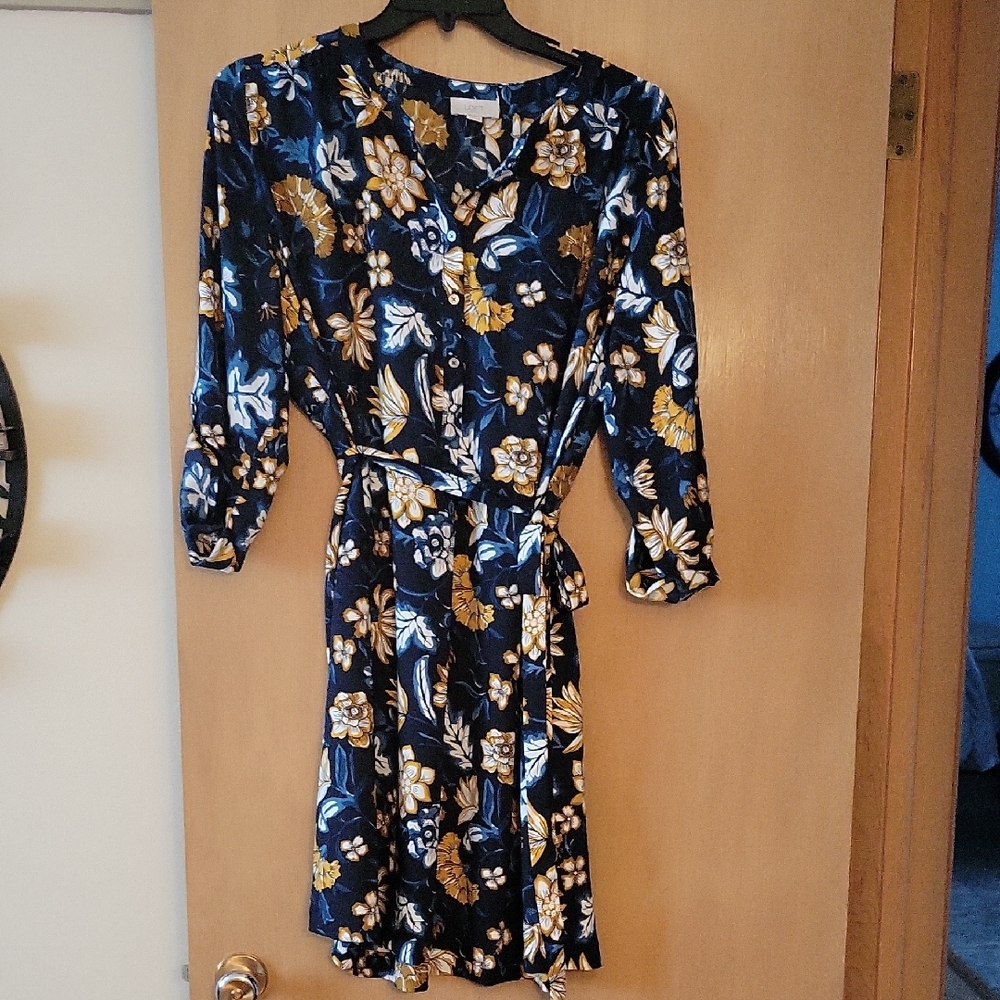 LOFT Blue and Gold Floral 3/4 Sleeve Dress